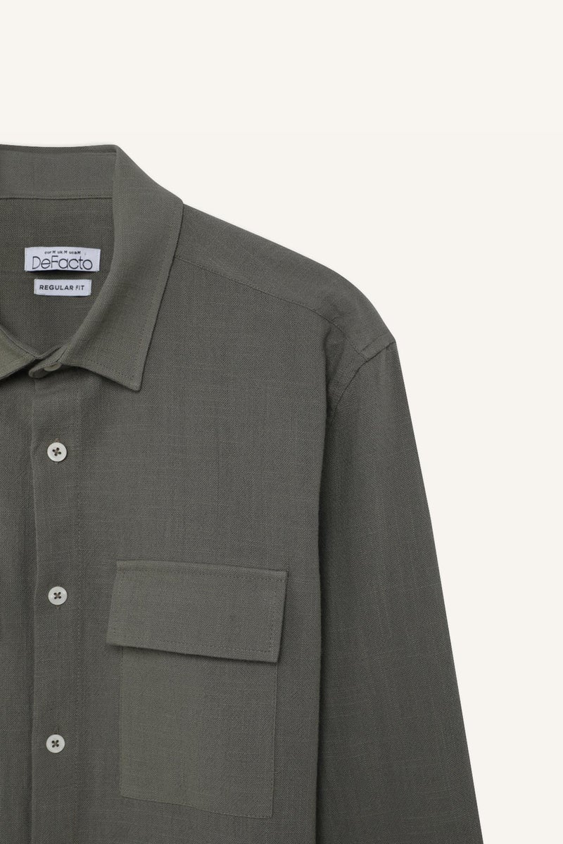 DeFacto Green Man 100% Cotton Regular Fit Polo Collar Linen Look Shirt Casual - Image 5